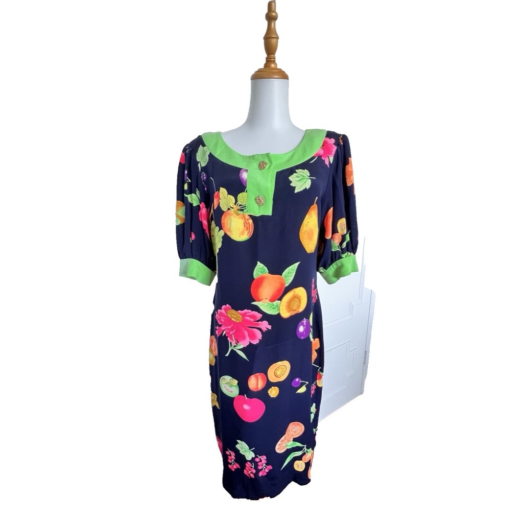 Leonard Paris Vintage Sz M 100% Silk Dress Fruit Colorful Made In Italy Colorful
